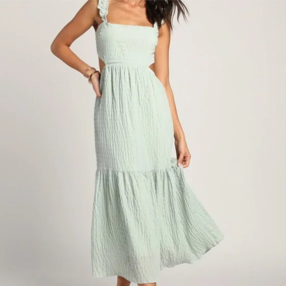 NWT- LUSH Dreamiest Darling Mint Smocked Tie-Back Tiered Midi Dress Size S